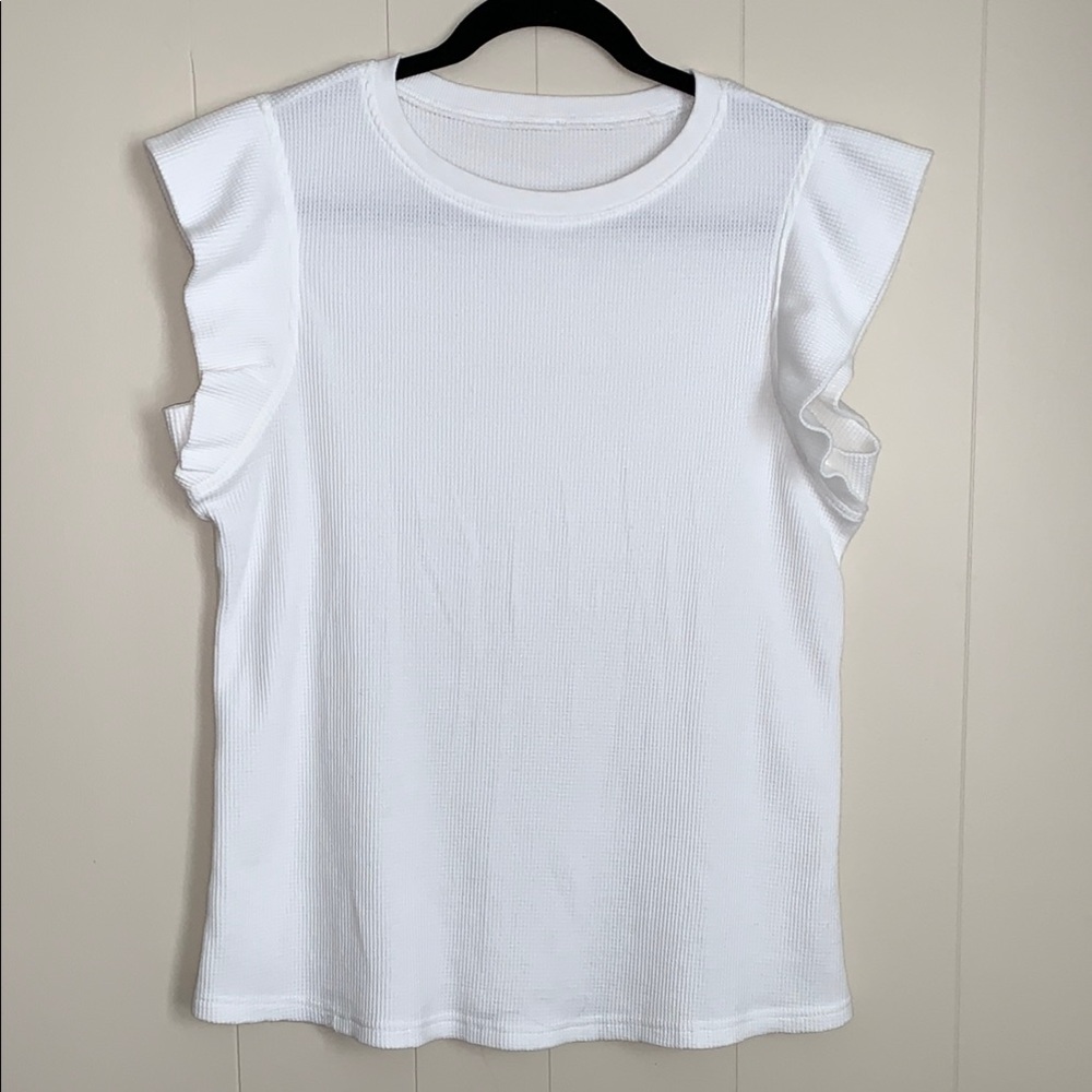 White Waffle Weave Ruffle Sleeve Top Size Medium